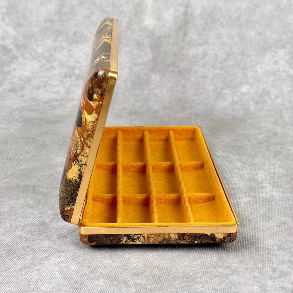 Vintage Mele Jewelry Box Abstract Tortoise Shell Print Gold Tone Travel Case